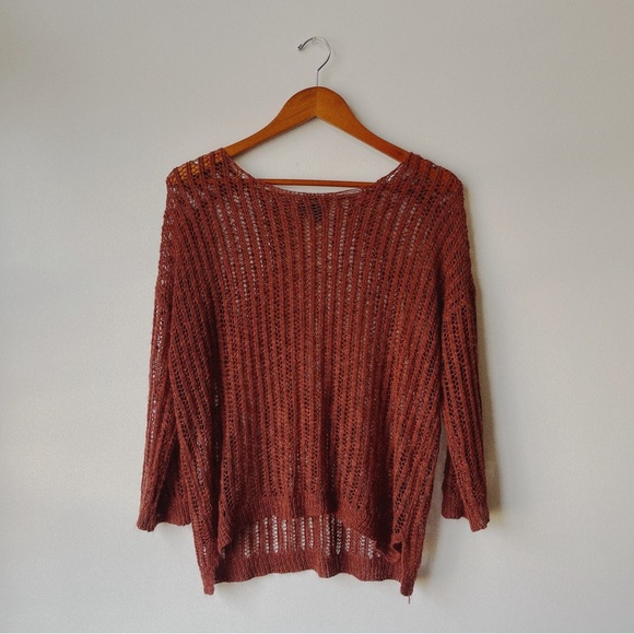 Free People Women's Brown Open Knit Pullover Sweater Long Sleeve Scoop Neck - Picture 2 of 4